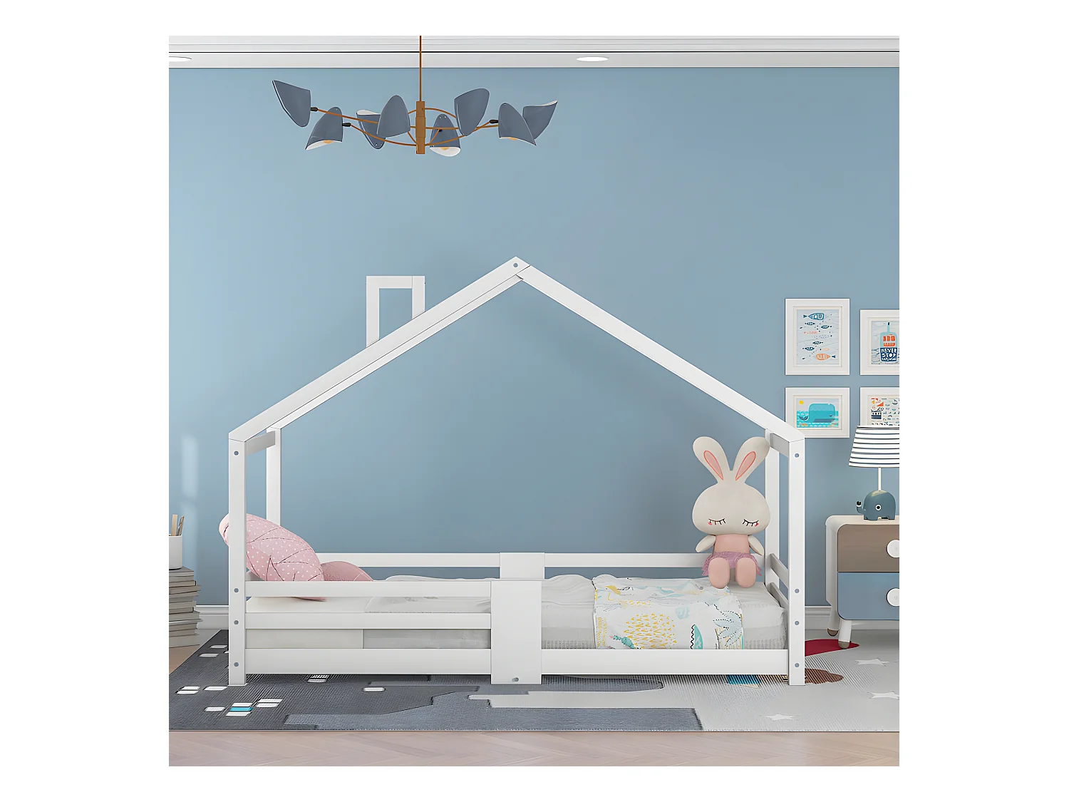 Cama cabina con rejilla protectora - 90x200cm - madera maciza - Blanco