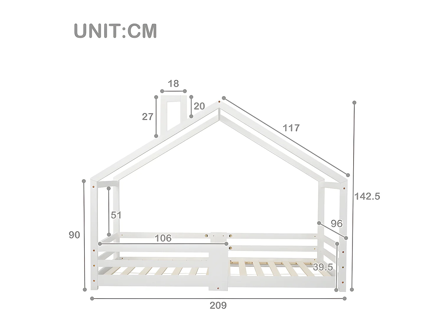 Cama cabina con rejilla protectora - 90x200cm - madera maciza - Blanco
