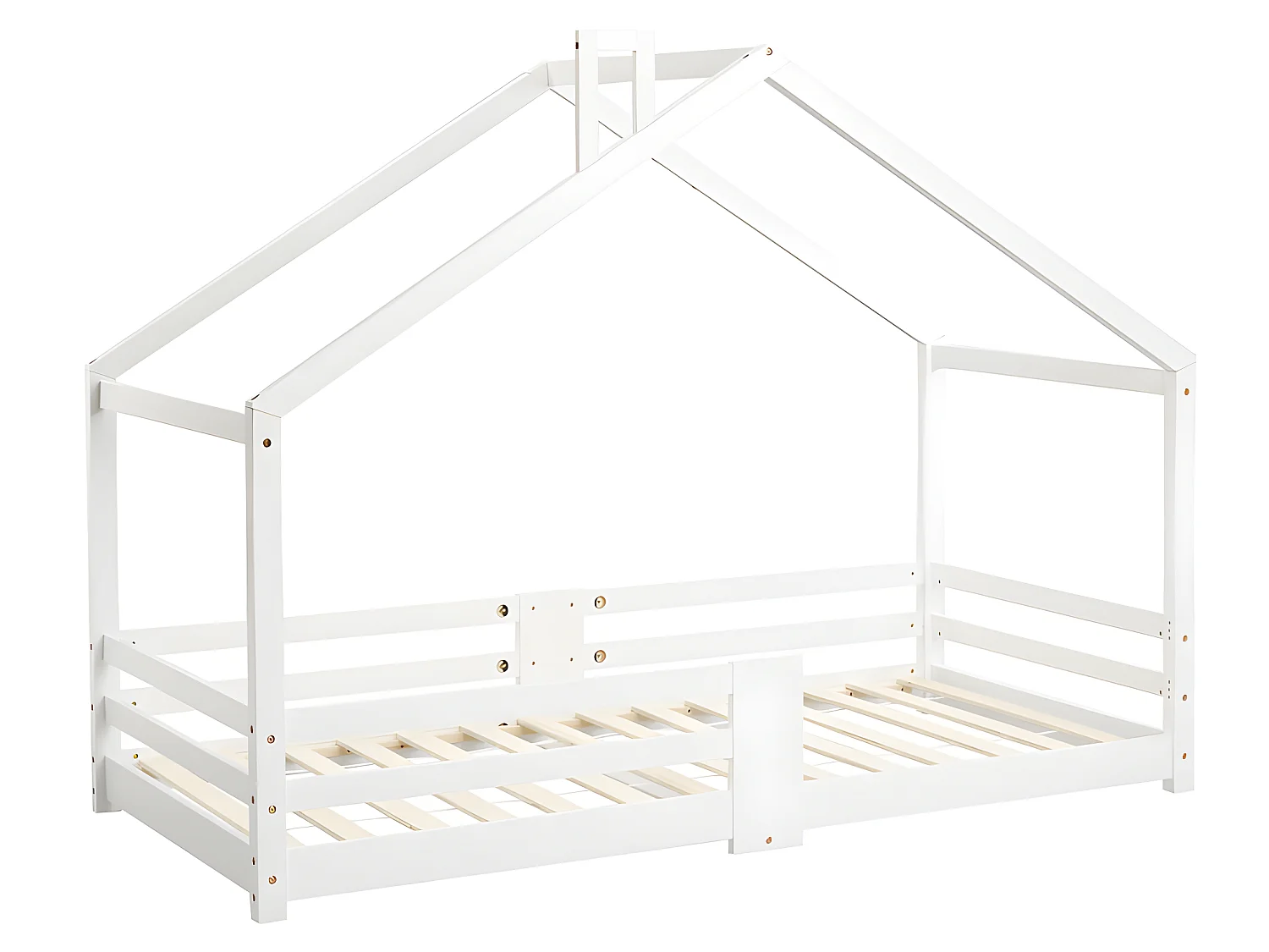 Lit cabane avec grille de protection - 90x200cm - en bois massif - Blanc