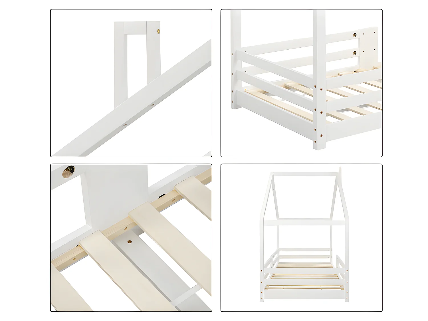 Lit cabane avec grille de protection - 90x200cm - en bois massif - Blanc