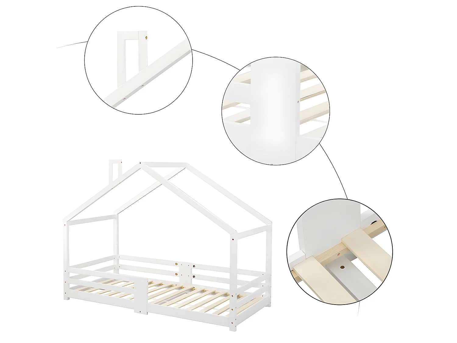 Lit cabane avec grille de protection - 90x200cm - en bois massif - Blanc