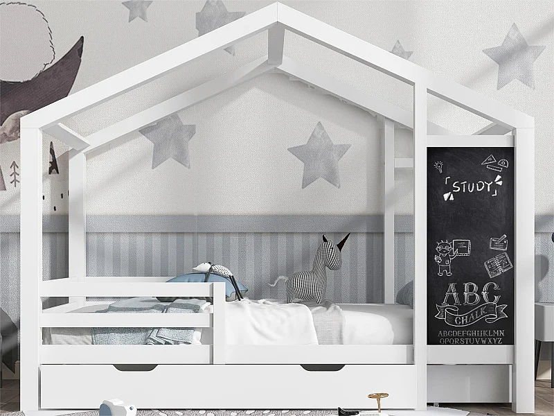 Cama cabina 90x200 cm - madera maciza - con pizarra y 2 cajones - Blanco