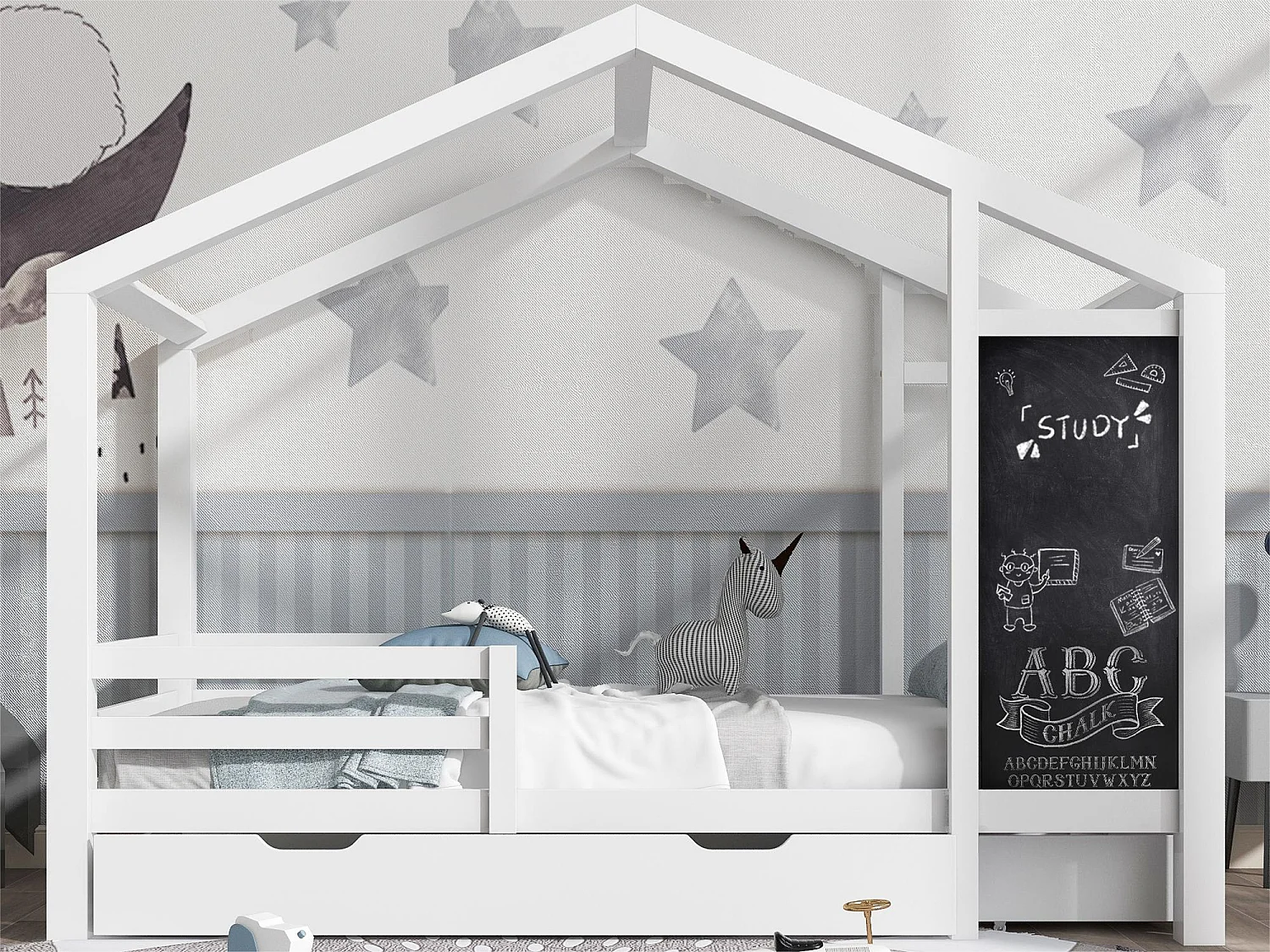 Cama cabina 90x200 cm - madera maciza - con pizarra y 2 cajones - Blanco