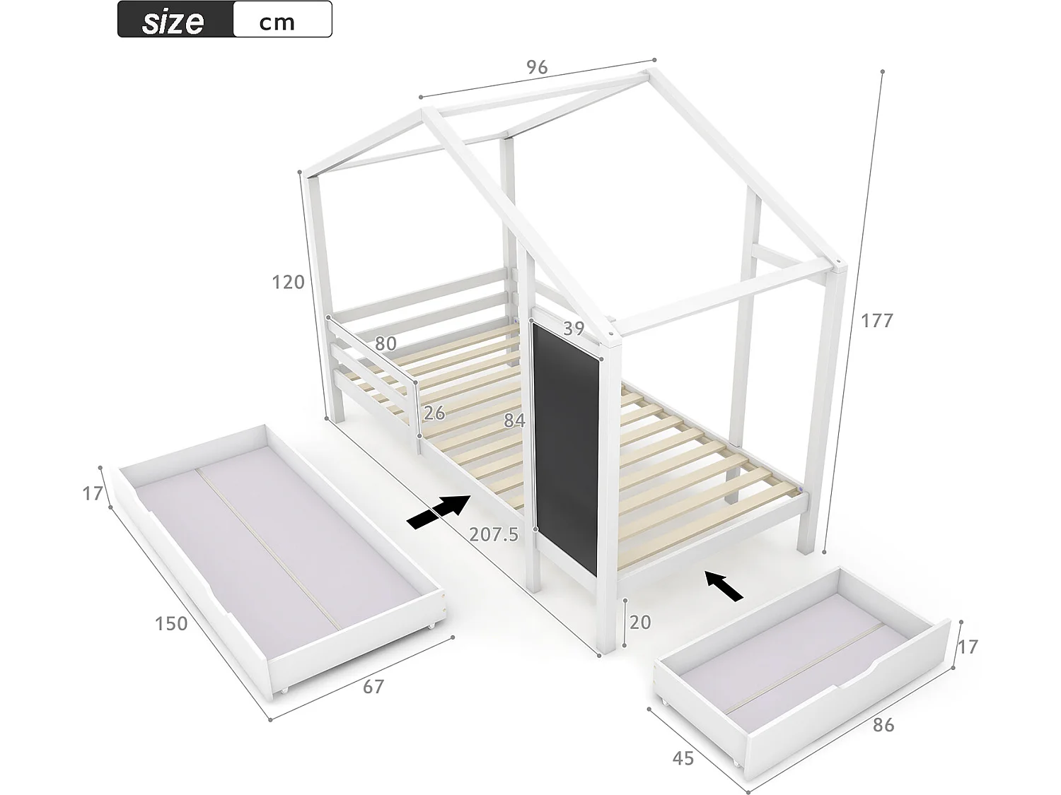 Cama cabina 90x200 cm - madera maciza - con pizarra y 2 cajones - Blanco