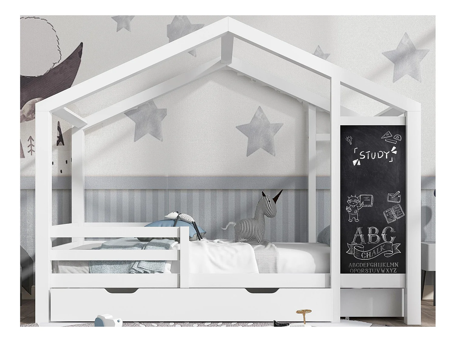 Lit cabane 90x200cm - en bois massif - avec un tableau noir et 2 tiroirs - Blanc