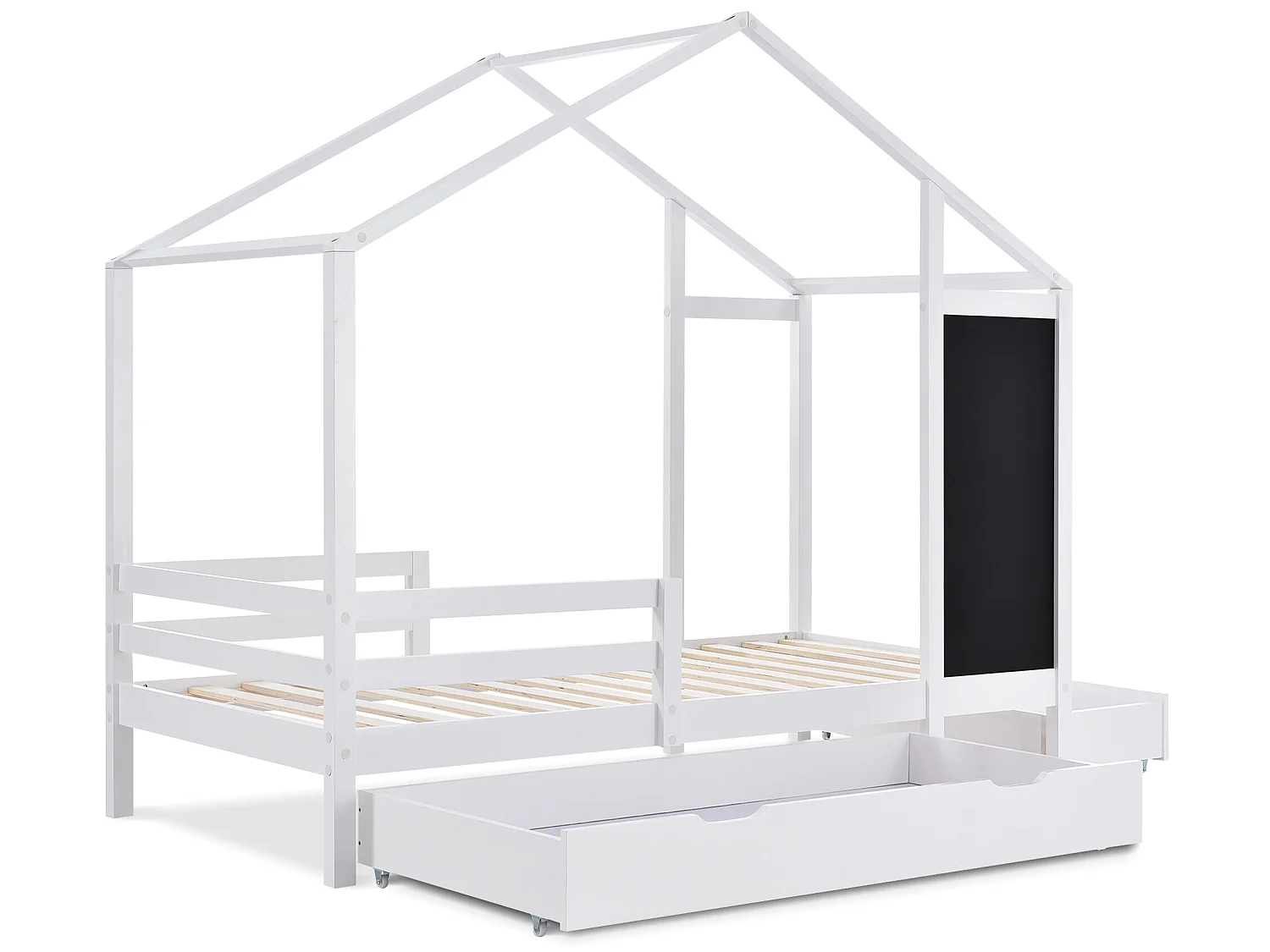 Lit cabane 90x200cm - en bois massif - avec un tableau noir et 2 tiroirs - Blanc