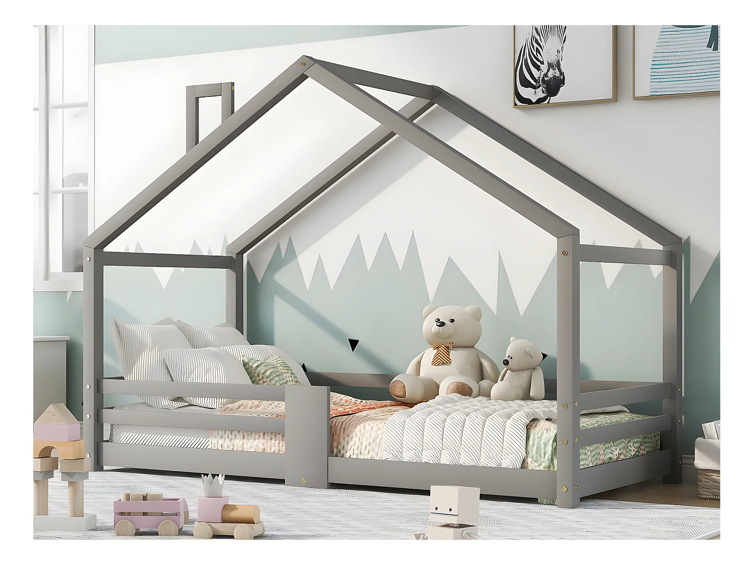 Lit cabane avec grille de protection - 90x200cm - en bois massif - Gris