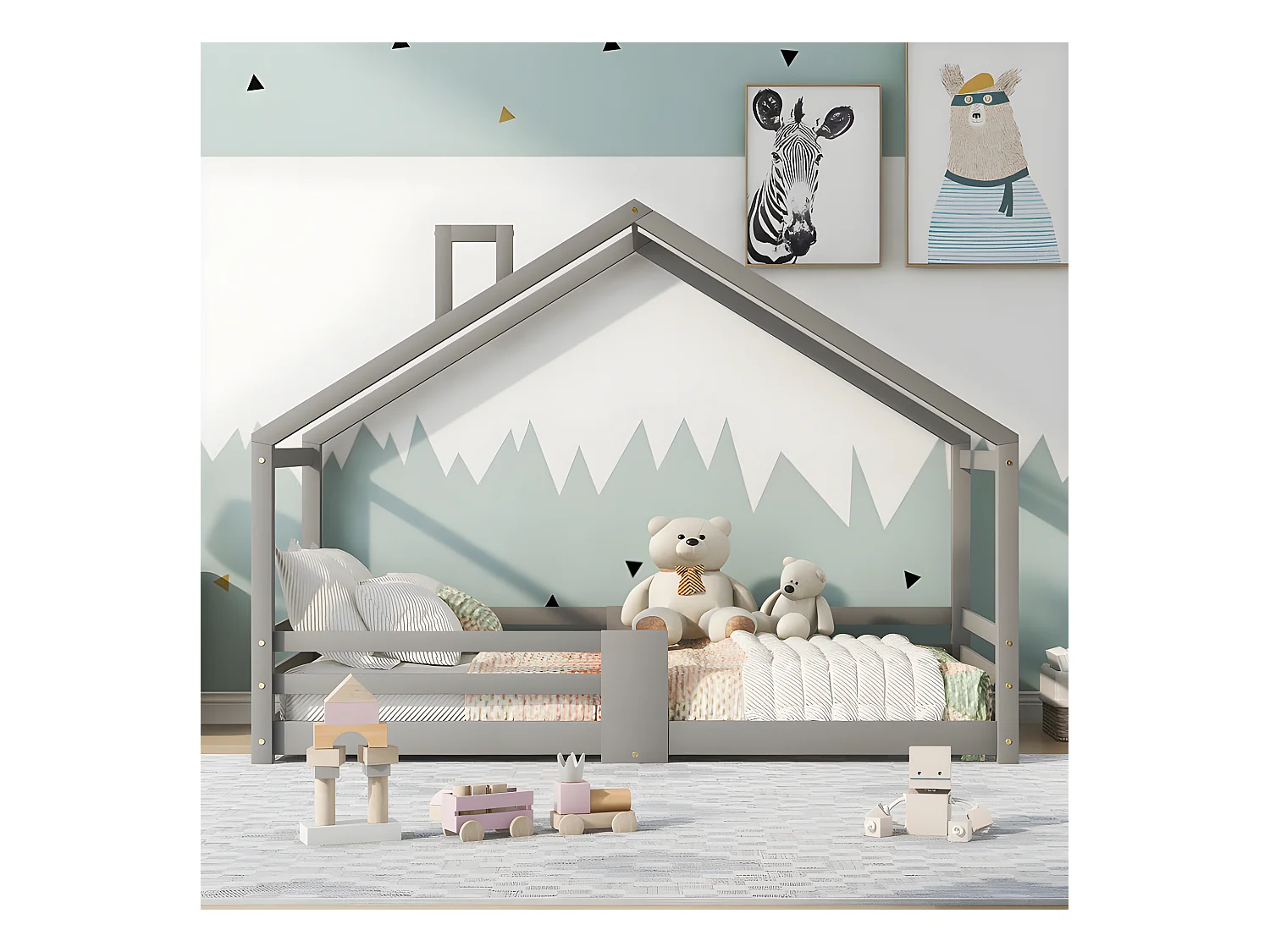 Cama cabina con rejilla protectora - 90x200cm - madera maciza - Gris