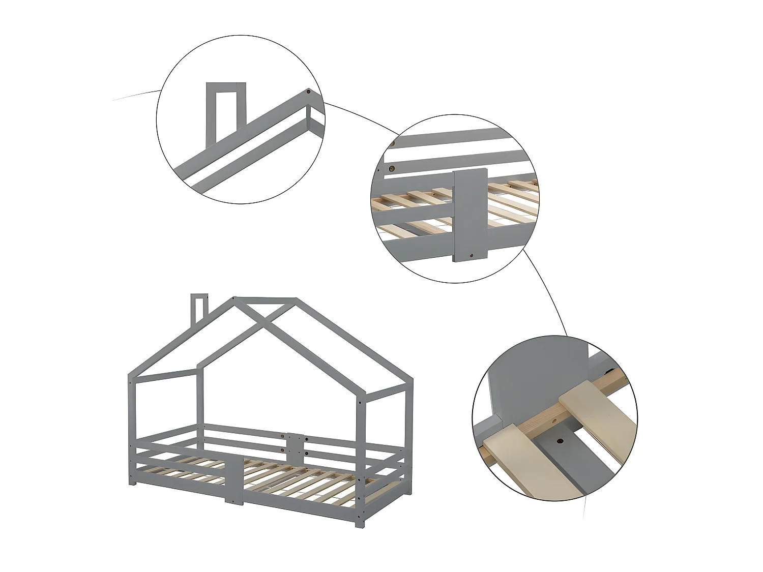 Cama cabina con rejilla protectora - 90x200cm - madera maciza - Gris