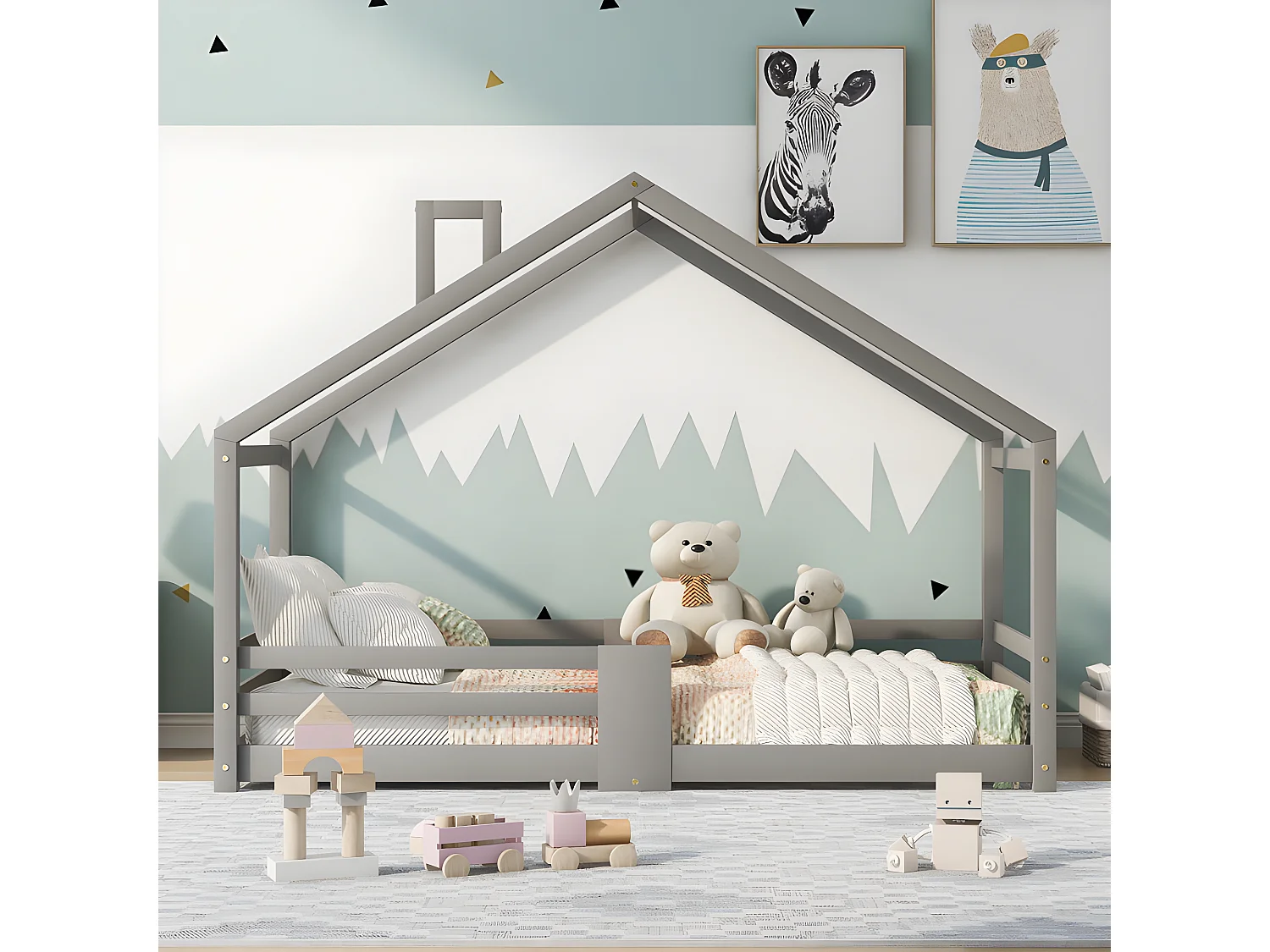 Lit cabane avec grille de protection - 90x200cm - en bois massif - Gris