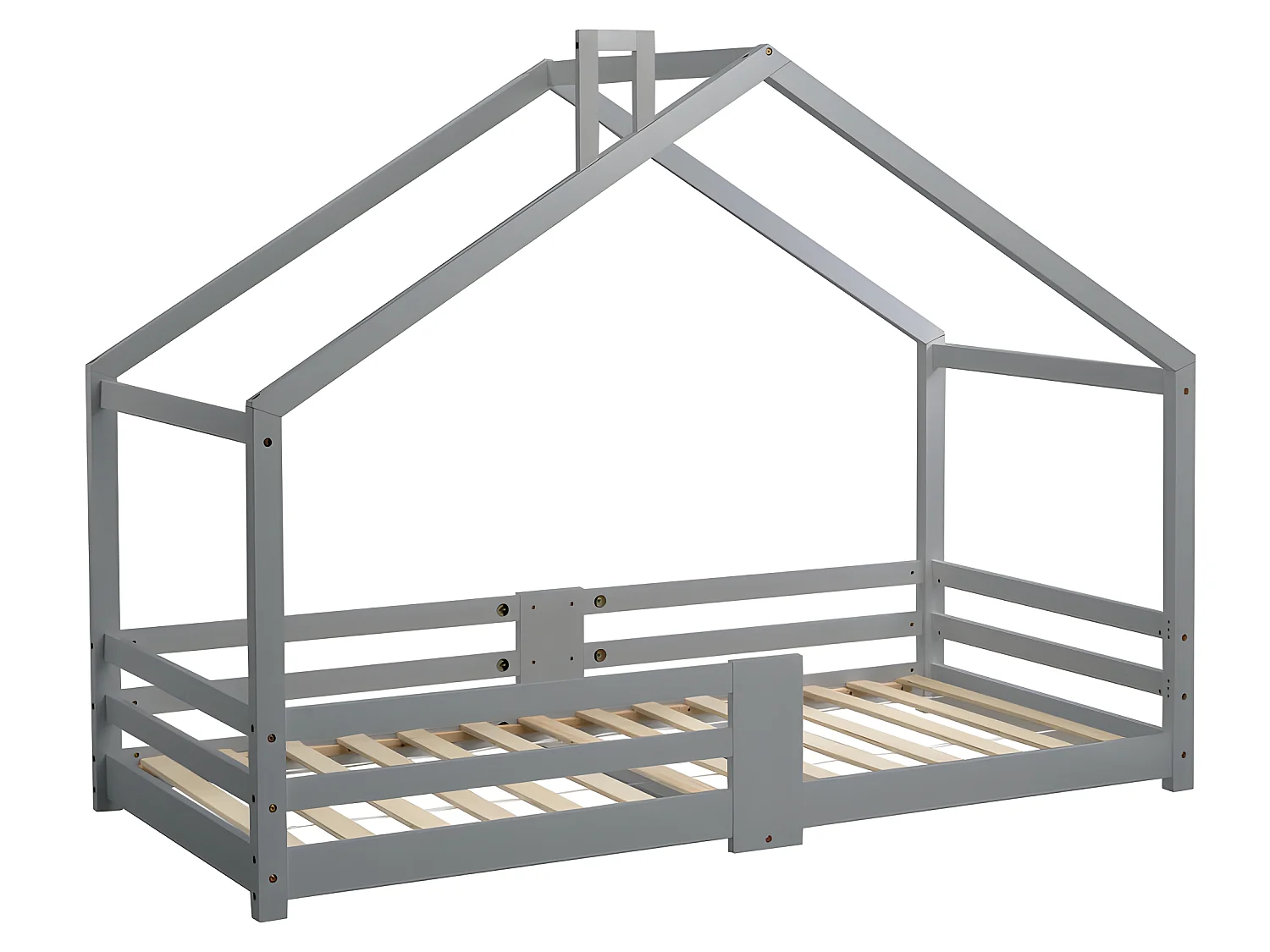 Lit cabane avec grille de protection - 90x200cm - en bois massif - Gris