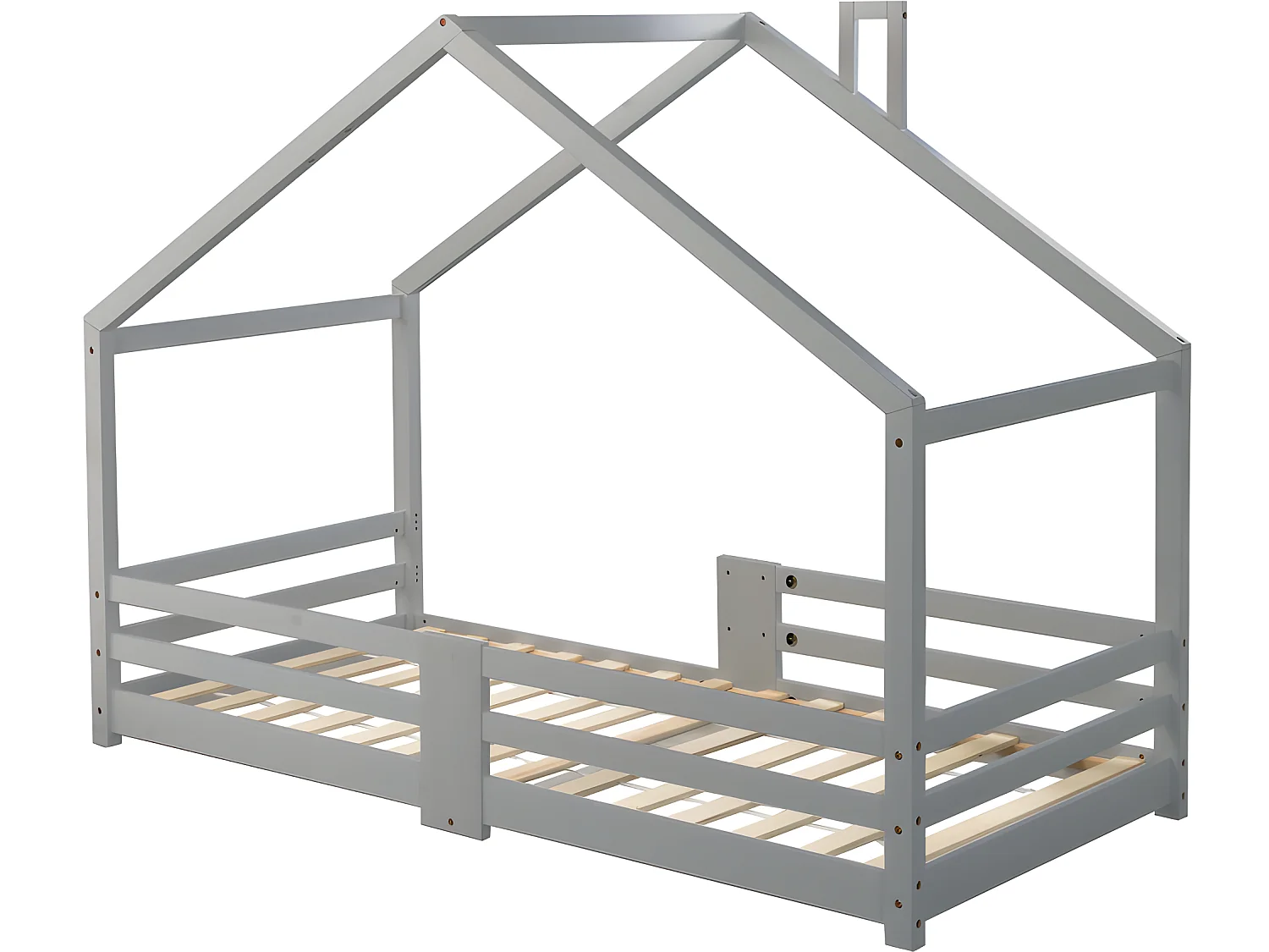 Lit cabane avec grille de protection - 90x200cm - en bois massif - Gris