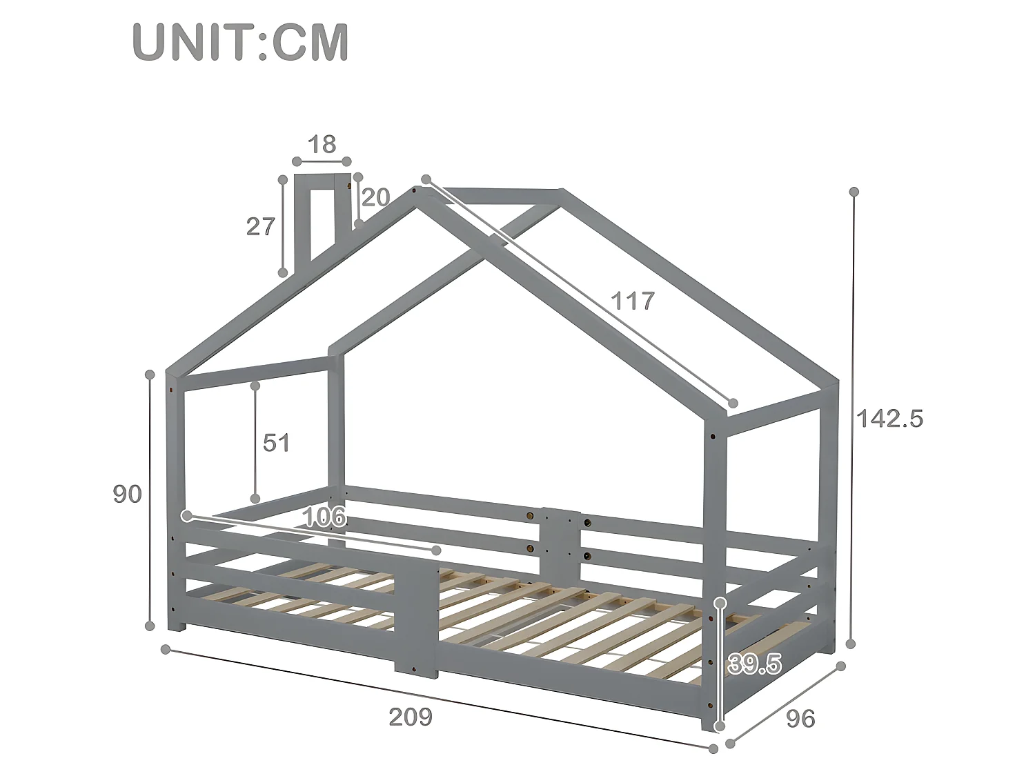Lit cabane avec grille de protection - 90x200cm - en bois massif - Gris