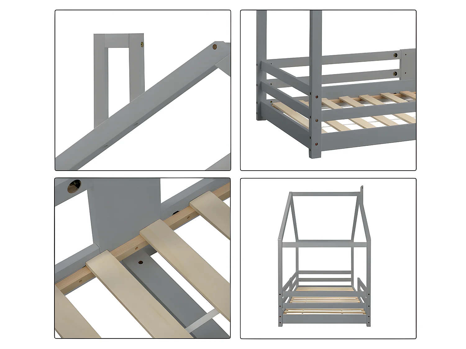 Lit cabane avec grille de protection - 90x200cm - en bois massif - Gris