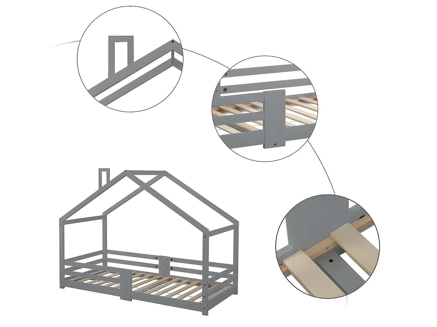 Lit cabane avec grille de protection - 90x200cm - en bois massif - Gris