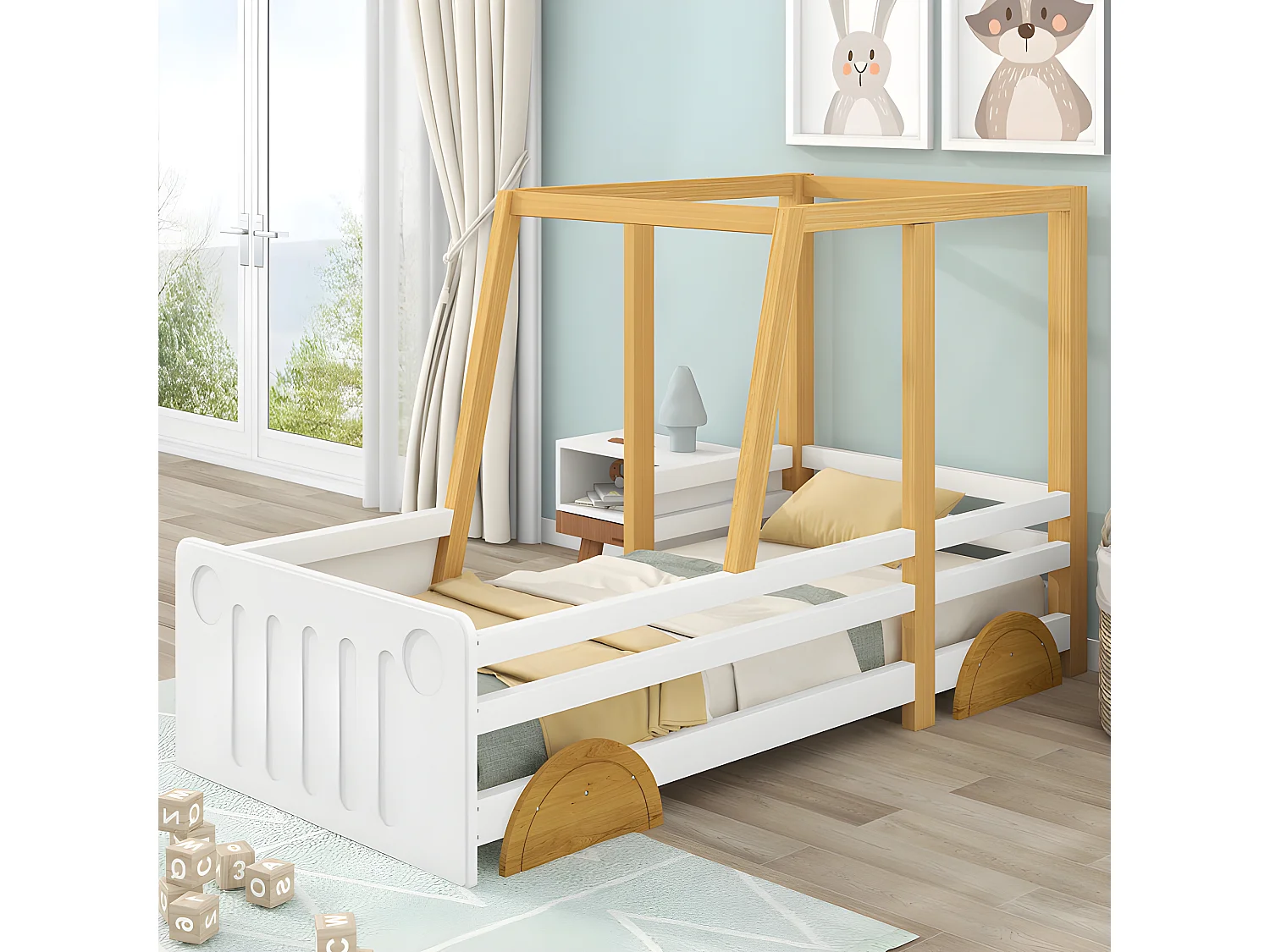 Kinderbed in massief grenen 90x200cm - in de vorm van een jeepauto - Wit & Naturel