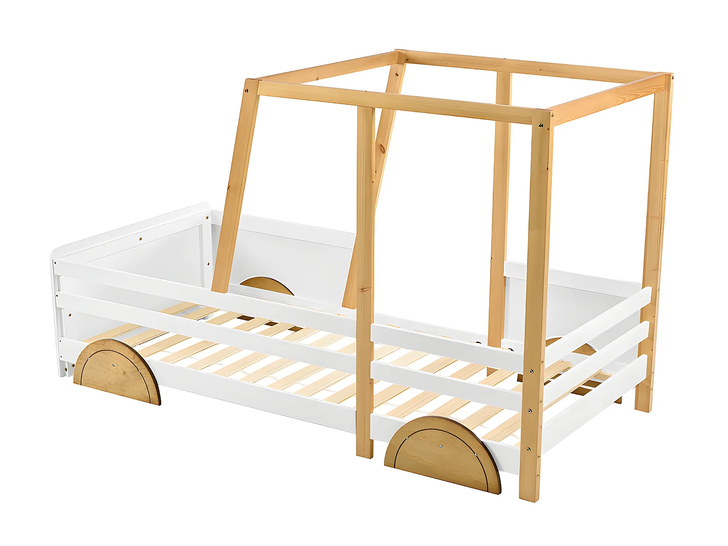 Kinderbed in massief grenen 90x200cm - in de vorm van een jeepauto - Wit & Naturel
