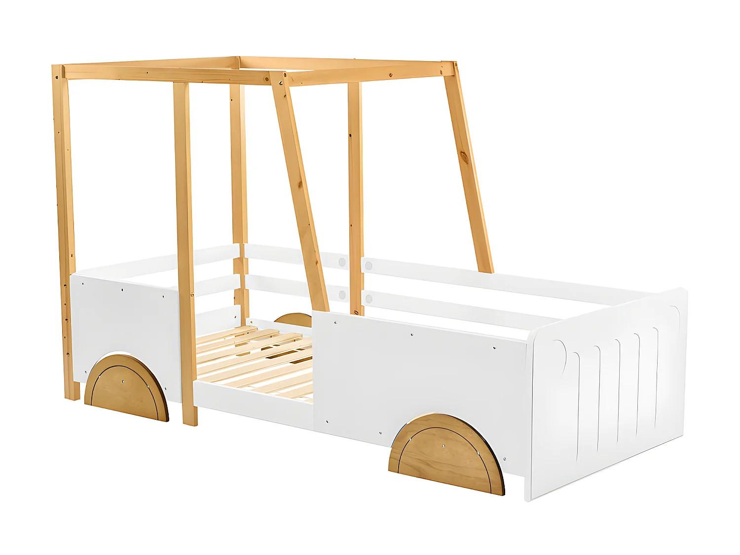 Kinderbed in massief grenen 90x200cm - in de vorm van een jeepauto - Wit & Naturel