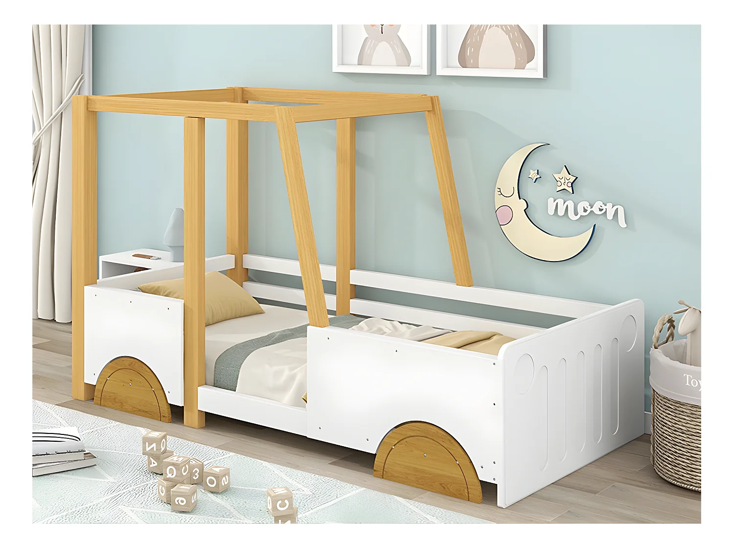 Lit enfant en pin massif 90x200cm - en forme de voiture jeep - Blanc & Naturel