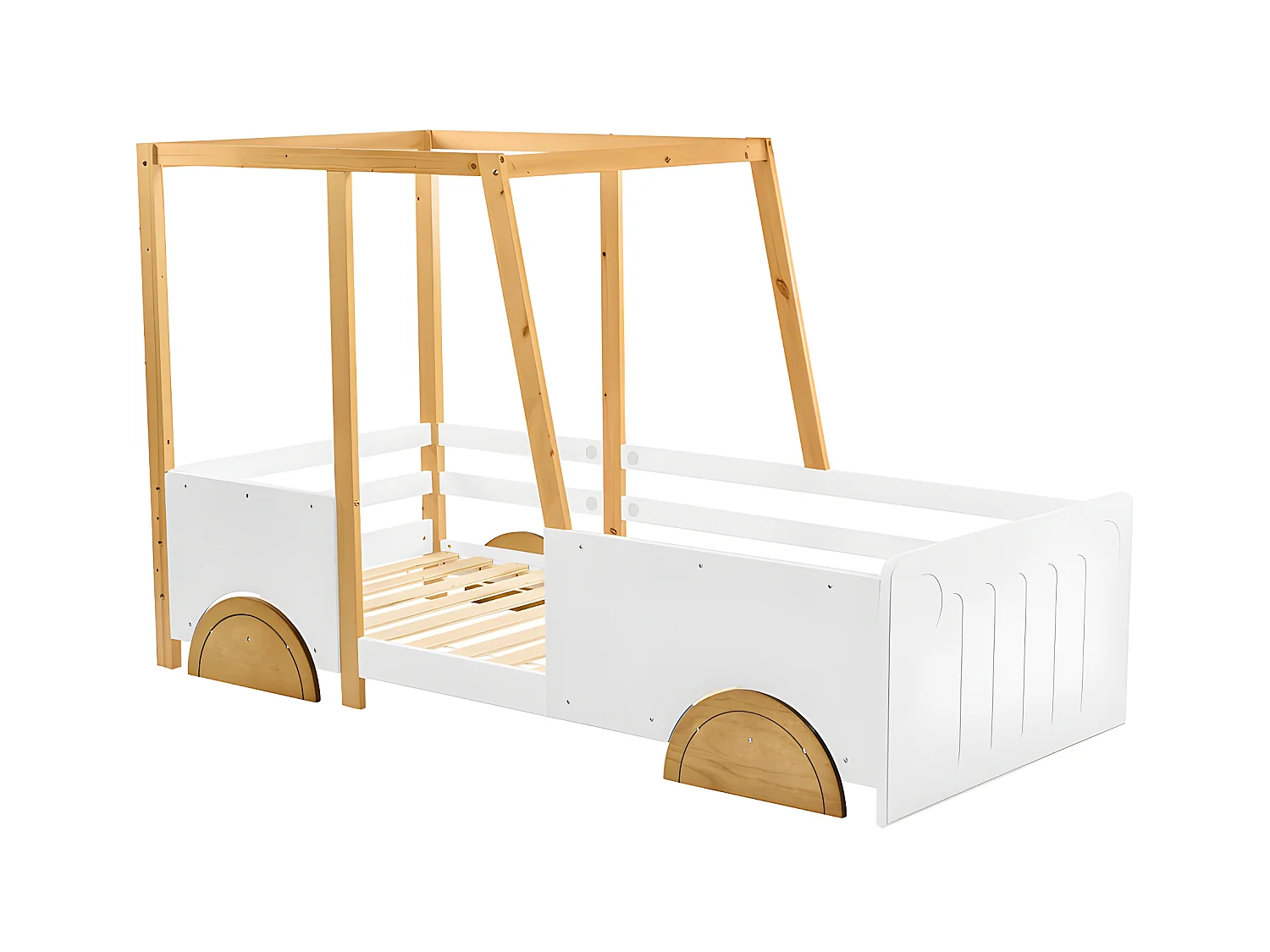 Lit enfant en pin massif 90x200cm - en forme de voiture jeep - Blanc & Naturel