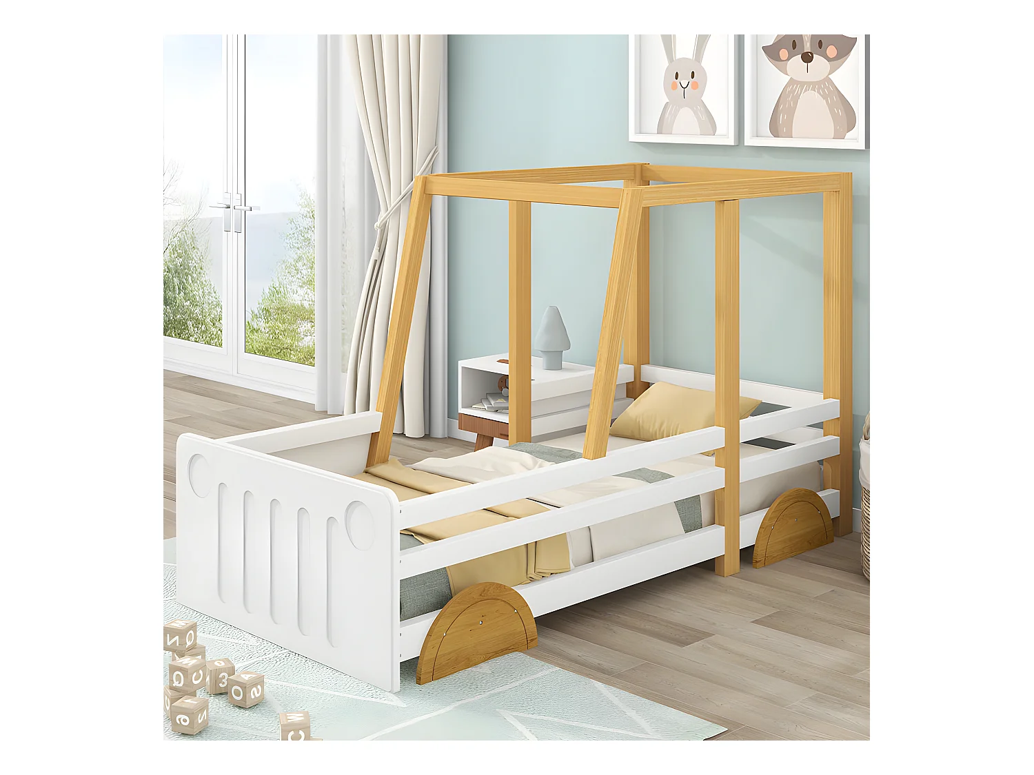 Lit enfant en pin massif 90x200cm - en forme de voiture jeep - Blanc & Naturel