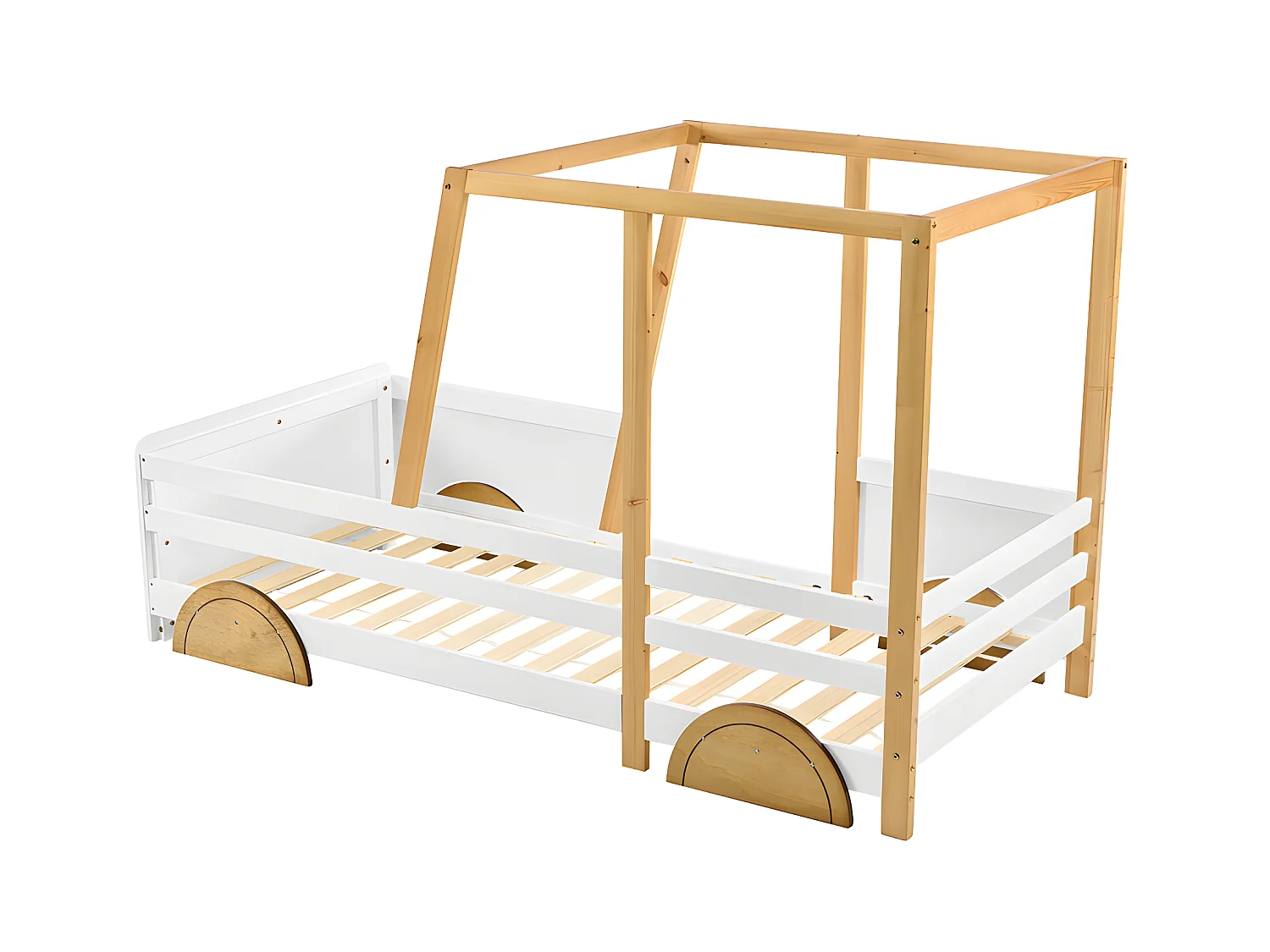Lit enfant en pin massif 90x200cm - en forme de voiture jeep - Blanc & Naturel