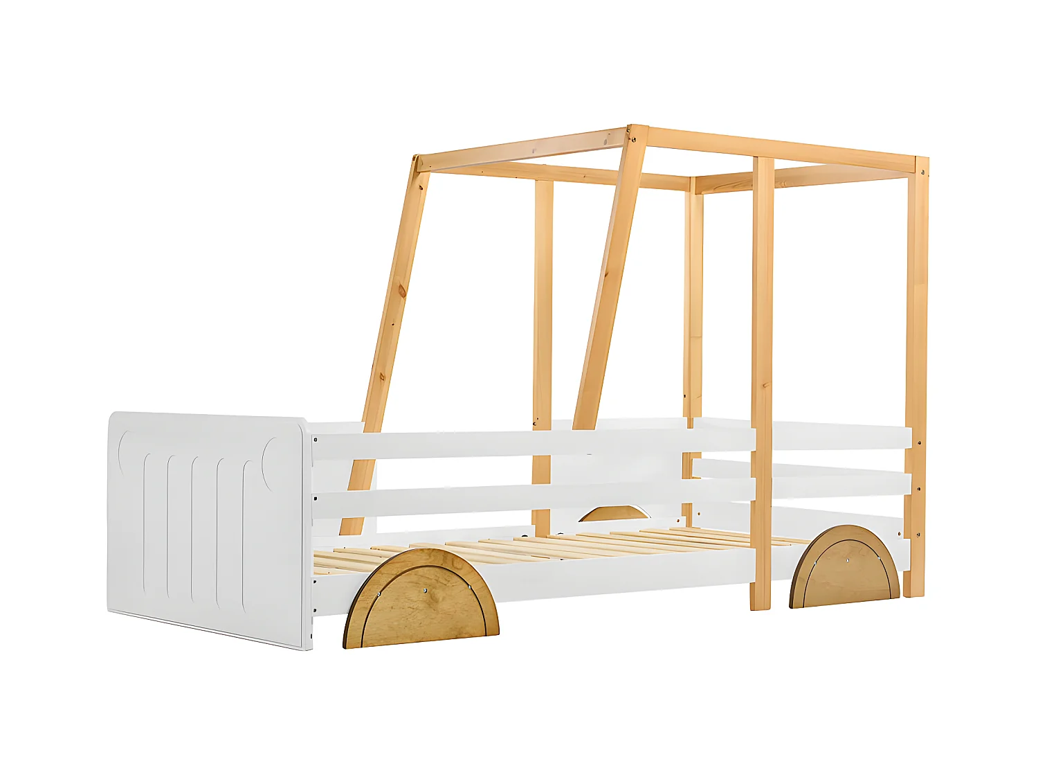 Lit enfant en pin massif 90x200cm - en forme de voiture jeep - Blanc & Naturel