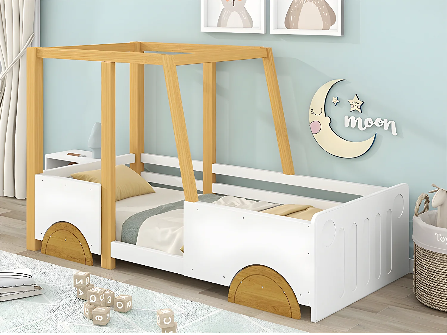 Kinderbett aus massivem Kiefernholz, 90 x 200 cm – in Form eines Jeep-Autos – Weiß und Natur