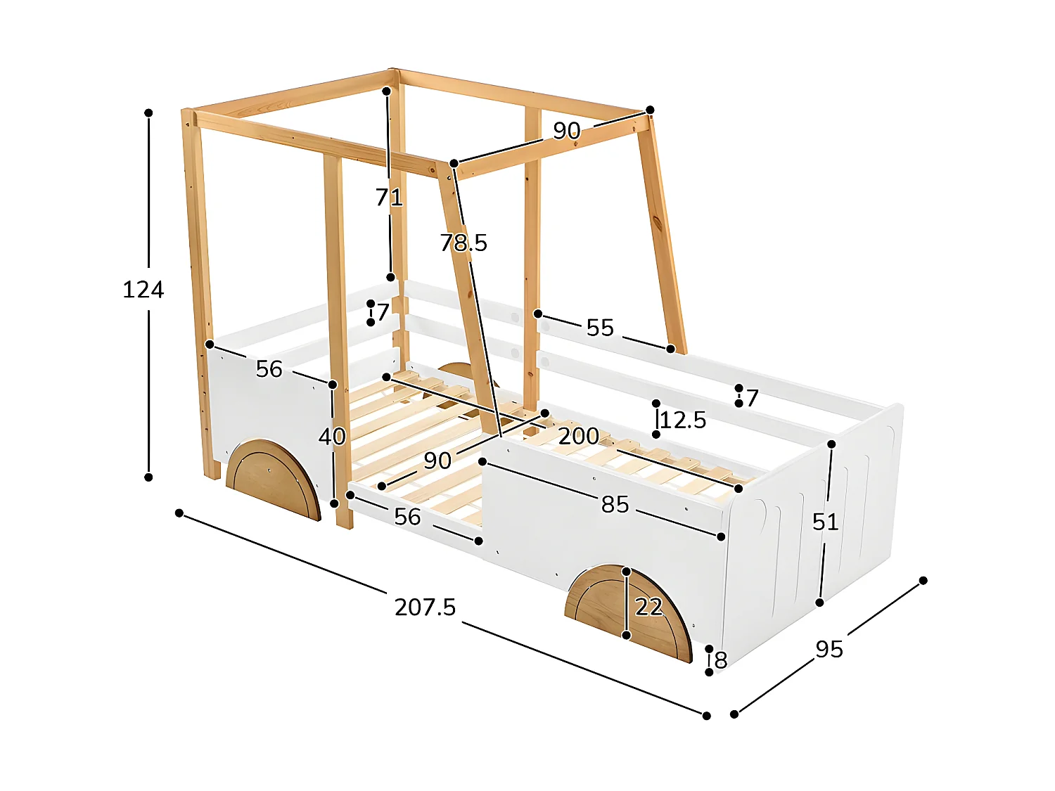 Kinderbett aus massivem Kiefernholz, 90 x 200 cm – in Form eines Jeep-Autos – Weiß und Natur