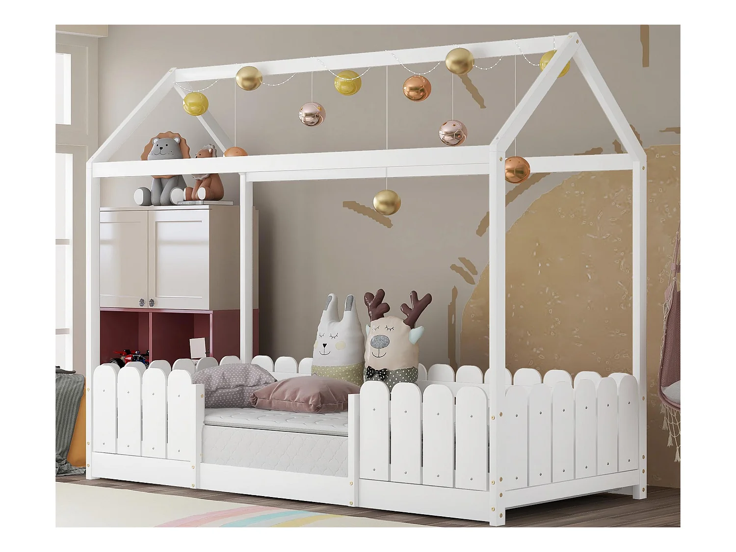 Lit cabane 90x200cm en bois massif - avec protection antichute - Blanc