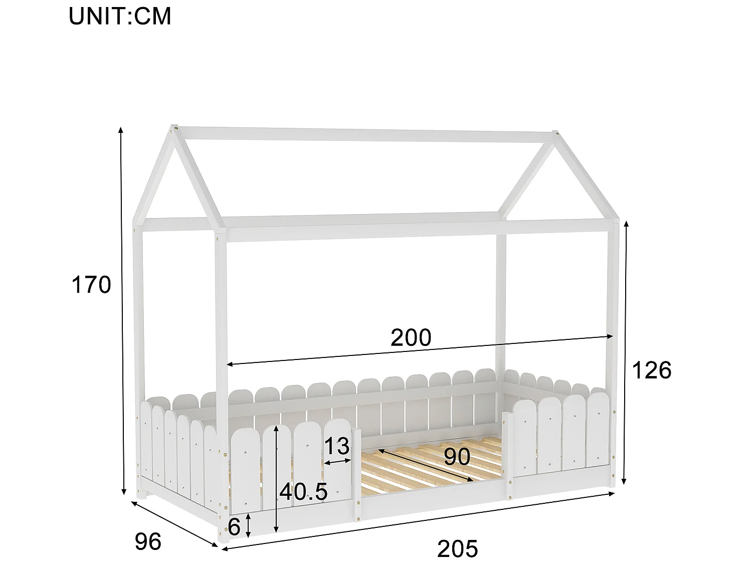 Cama cabina 90x200cm de madera maciza - con protección contra caídas - Blanco