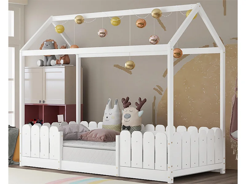 Lit cabane 90x200cm en bois massif - avec protection antichute - Blanc