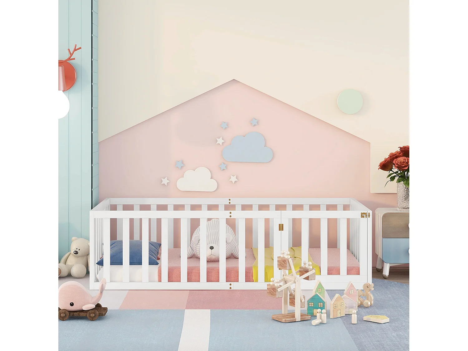 Letto per bambini 90x200 cm in legno massello con barriera di sicurezza - Bianco