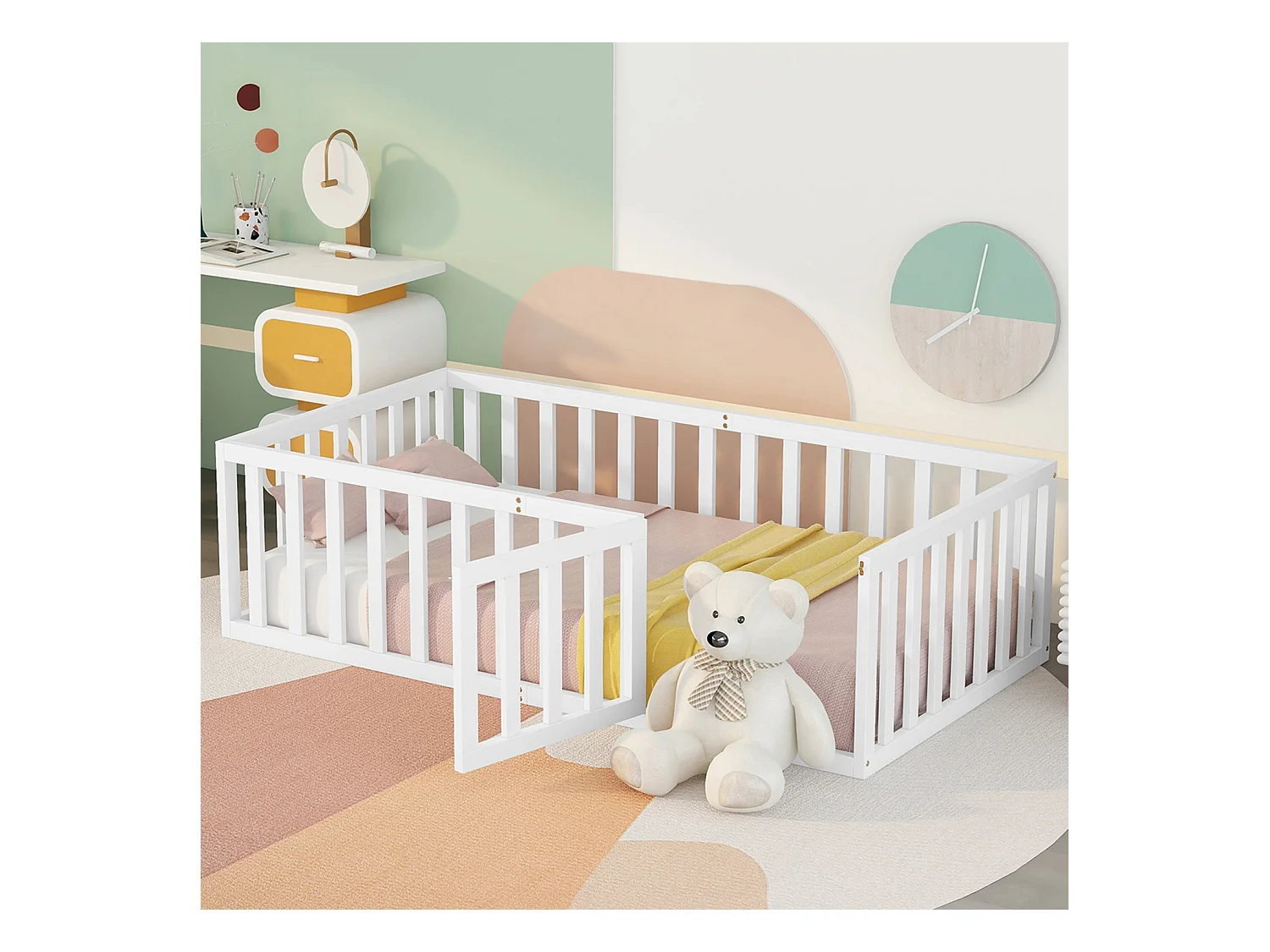 Lit enfant 90x200cm en bois massif avec barrière de sécurité - Blanc