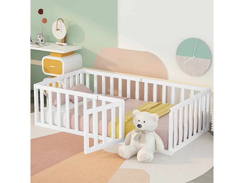 Kinderbett 90x200cm aus Massivholz mit Sicherheitsbarriere – Weiß