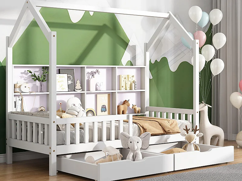 Hochbett aus Massivholz – mit Regalen und 2 Schubladen – 90 x 200 cm – Weiß