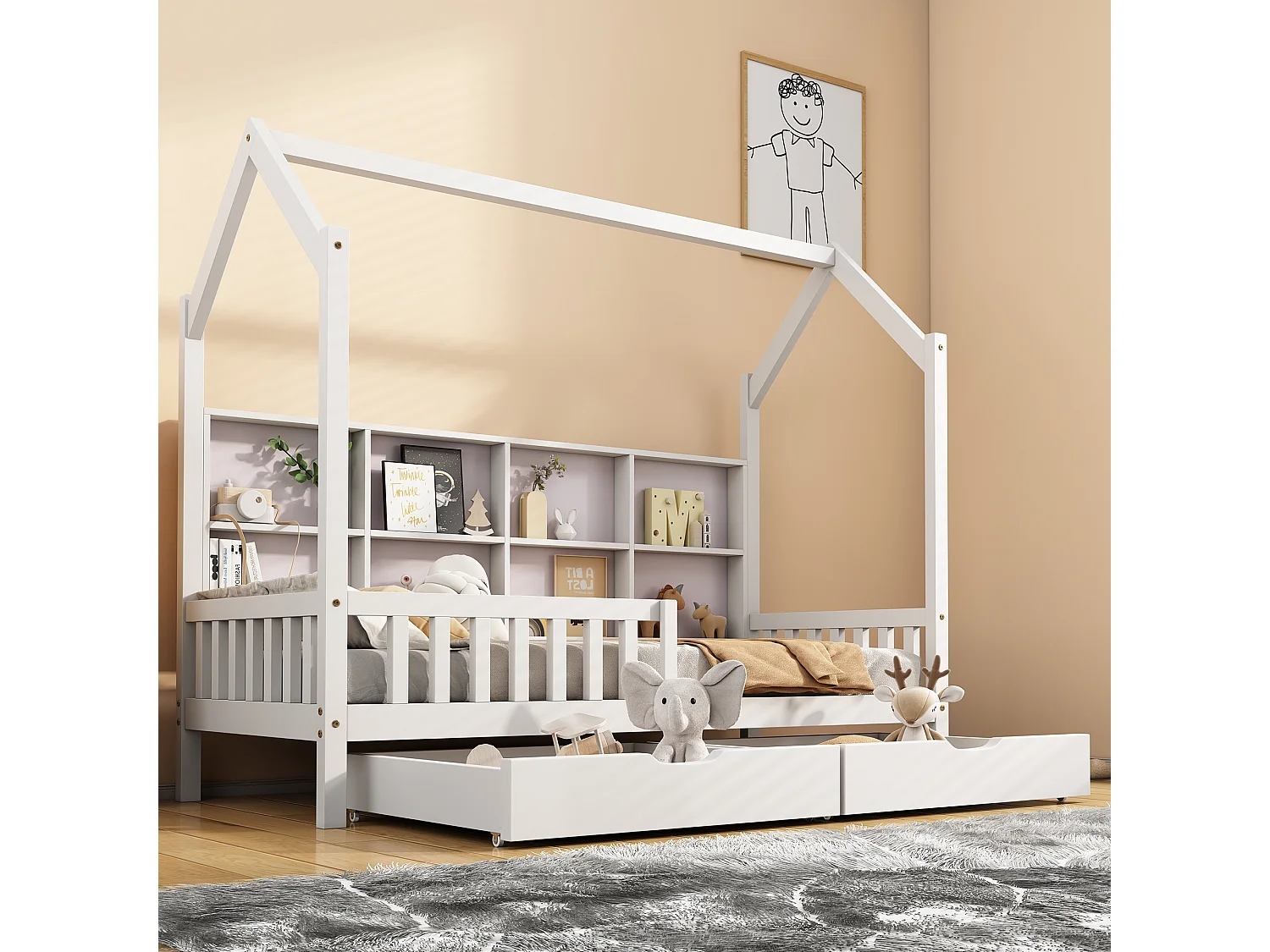 Łóżko z litego drewna - z półkami i 2 szufladami - 90x200cm - Białe