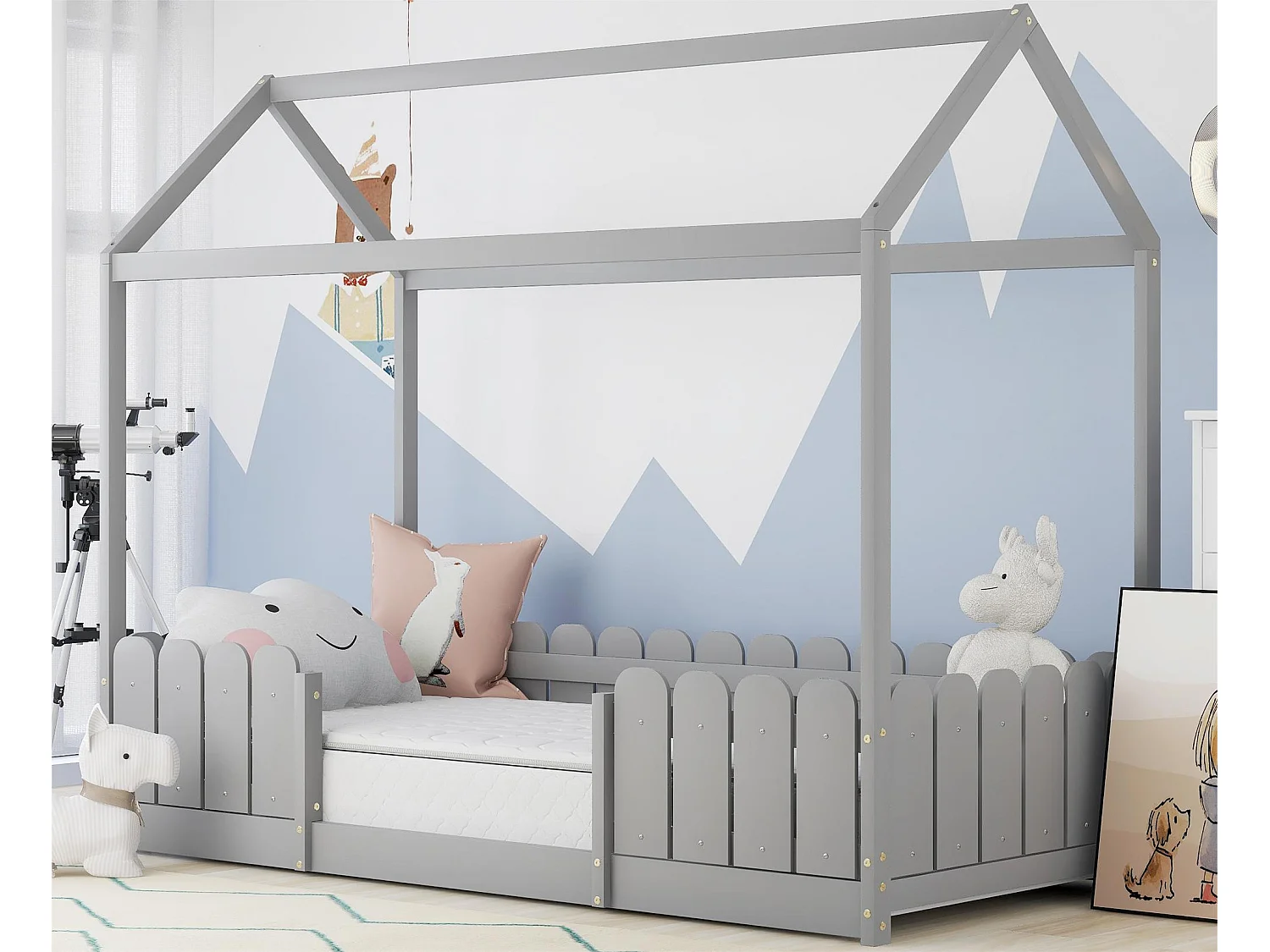 Cama cabina 90x200cm de madera maciza - con protección contra caídas - Gris