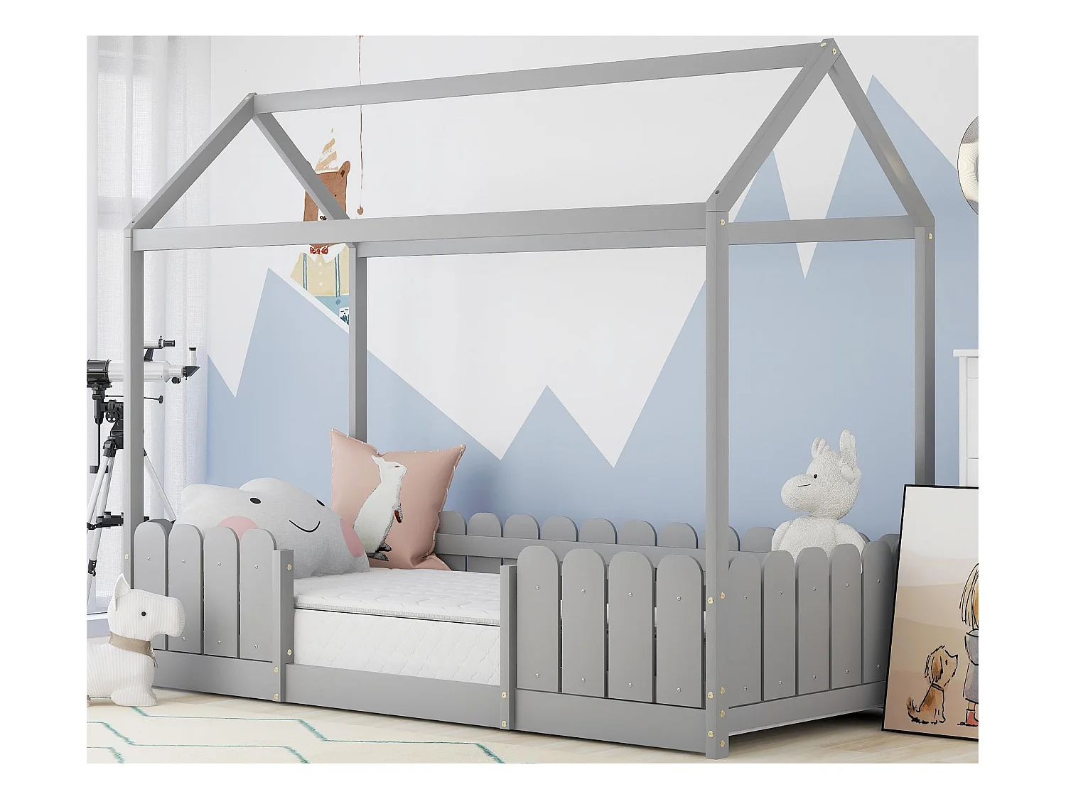 Lit cabane 90x200cm en bois massif - avec protection antichute - Gris