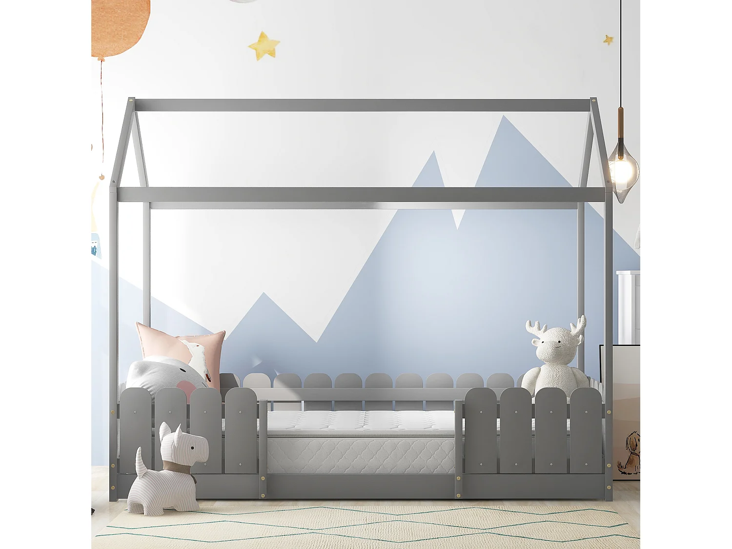 Hochbett 90x200cm aus Massivholz – mit Absturzsicherung – Grau