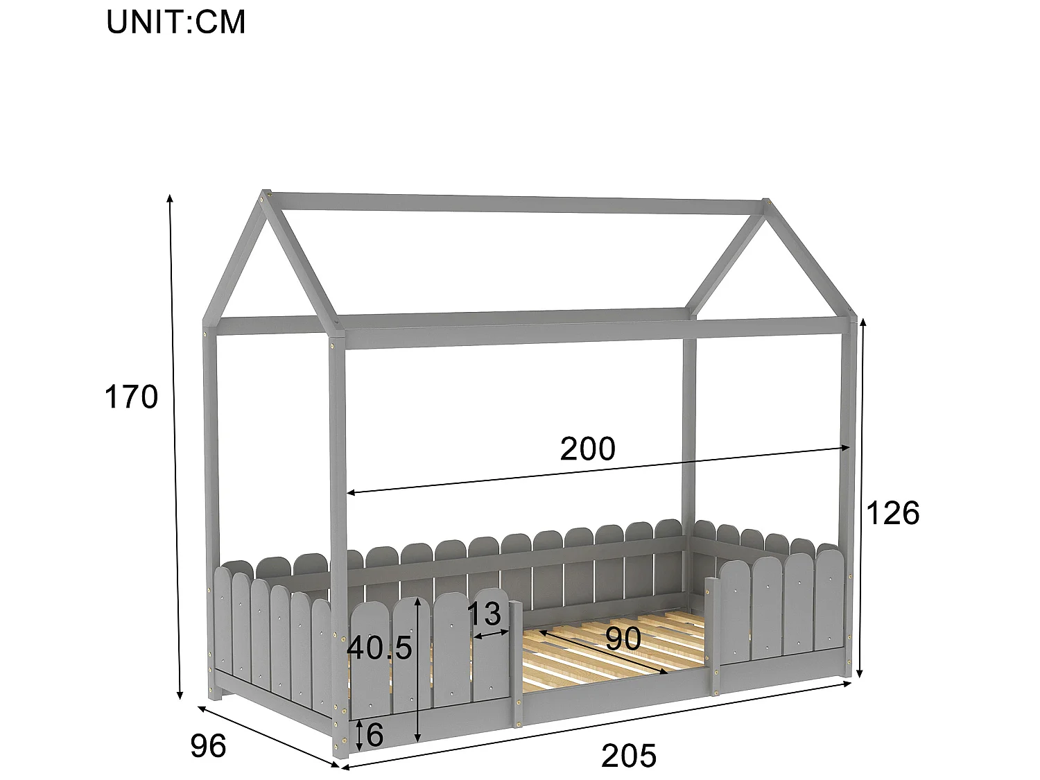 Hochbett 90x200cm aus Massivholz – mit Absturzsicherung – Grau