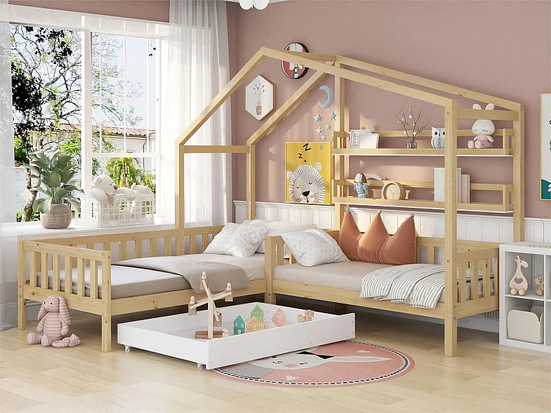 Cama cabina 90x200cm + 140x70cm de madera maciza - con cajones y estantes + somier - Natural