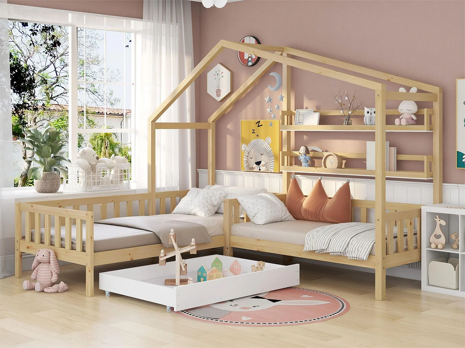 Cabinebed 90x200cm + 140x70cm in massief hout - met laden en planken + lattenbodem - Naturel