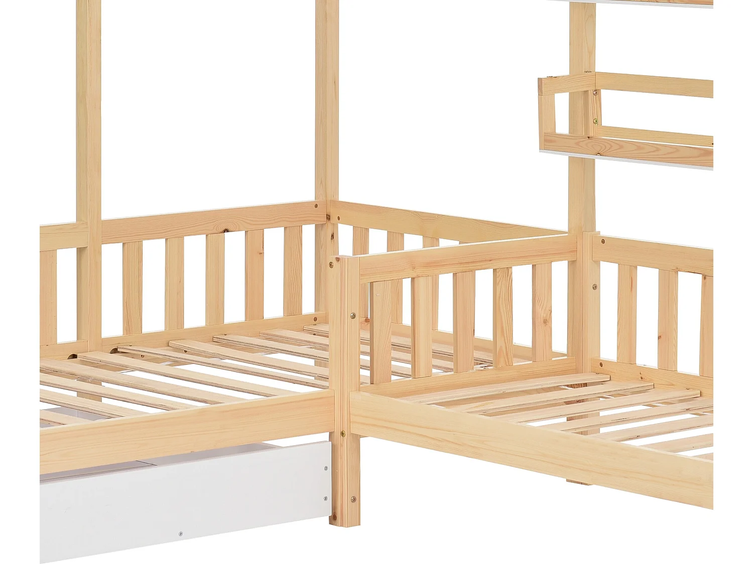 Cabinebed 90x200cm + 140x70cm in massief hout - met laden en planken + lattenbodem - Naturel