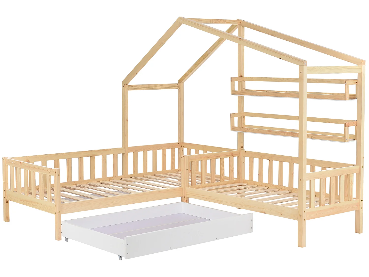 Lit cabane 90x200cm + 140x70cm en bois massif - avec tiroirs et étagères + sommier à lattes - Naturel
