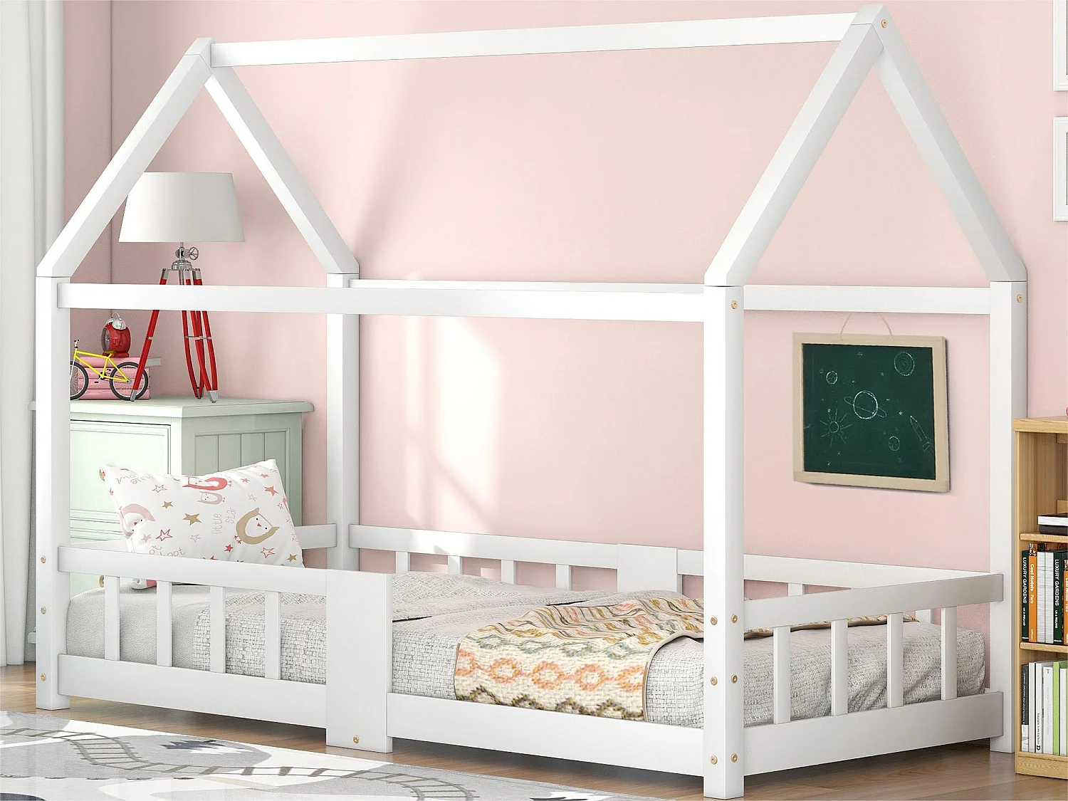 Hochbett 90x200cm aus Massivholz – mit Tafel – Weiß