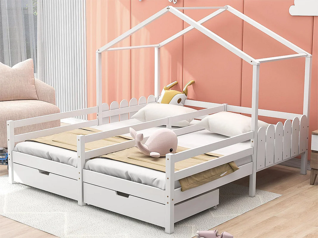 Letto a cabina in pino massiccio 2x90x200 cm - con 2 cassetti - Bianco