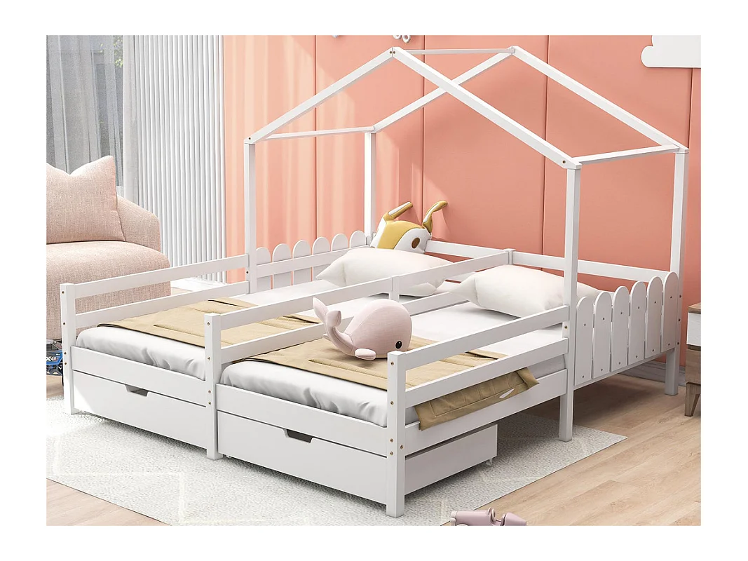 Lit cabane pin massif  2x90x200 cm - avec 2 tiroirs - Blanc