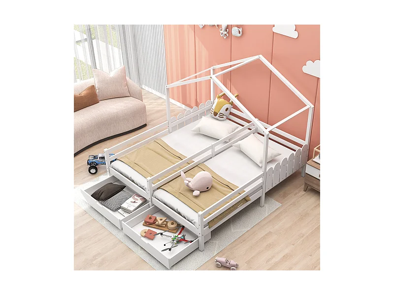 Hochbett aus massivem Kiefernholz, 2 x 90 x 200 cm – mit 2 Schubladen – Weiß