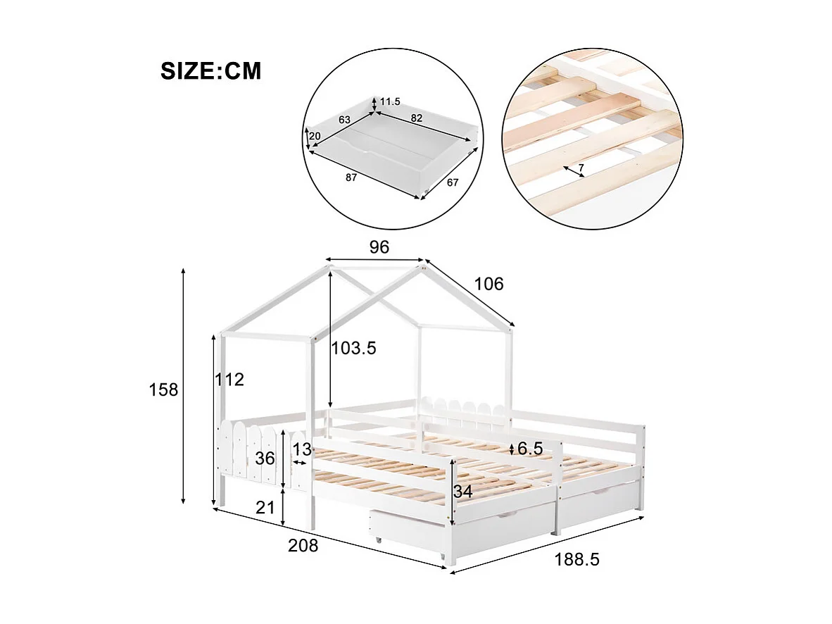 Hochbett aus massivem Kiefernholz, 2 x 90 x 200 cm – mit 2 Schubladen – Weiß